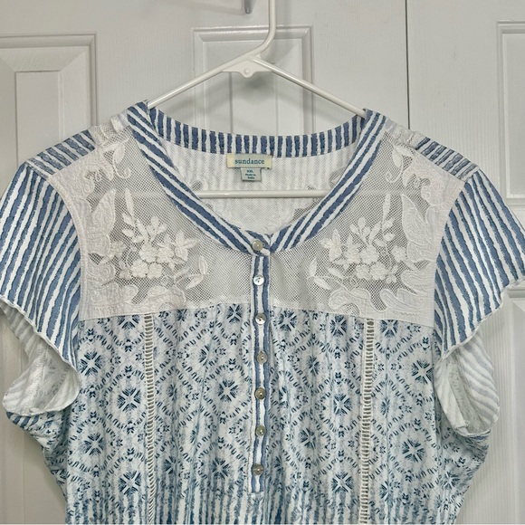 Sundance Blue & White Sheer Embroidered Bohemian Coastal Blouse Top Sz XXL - Picture 2 of 14